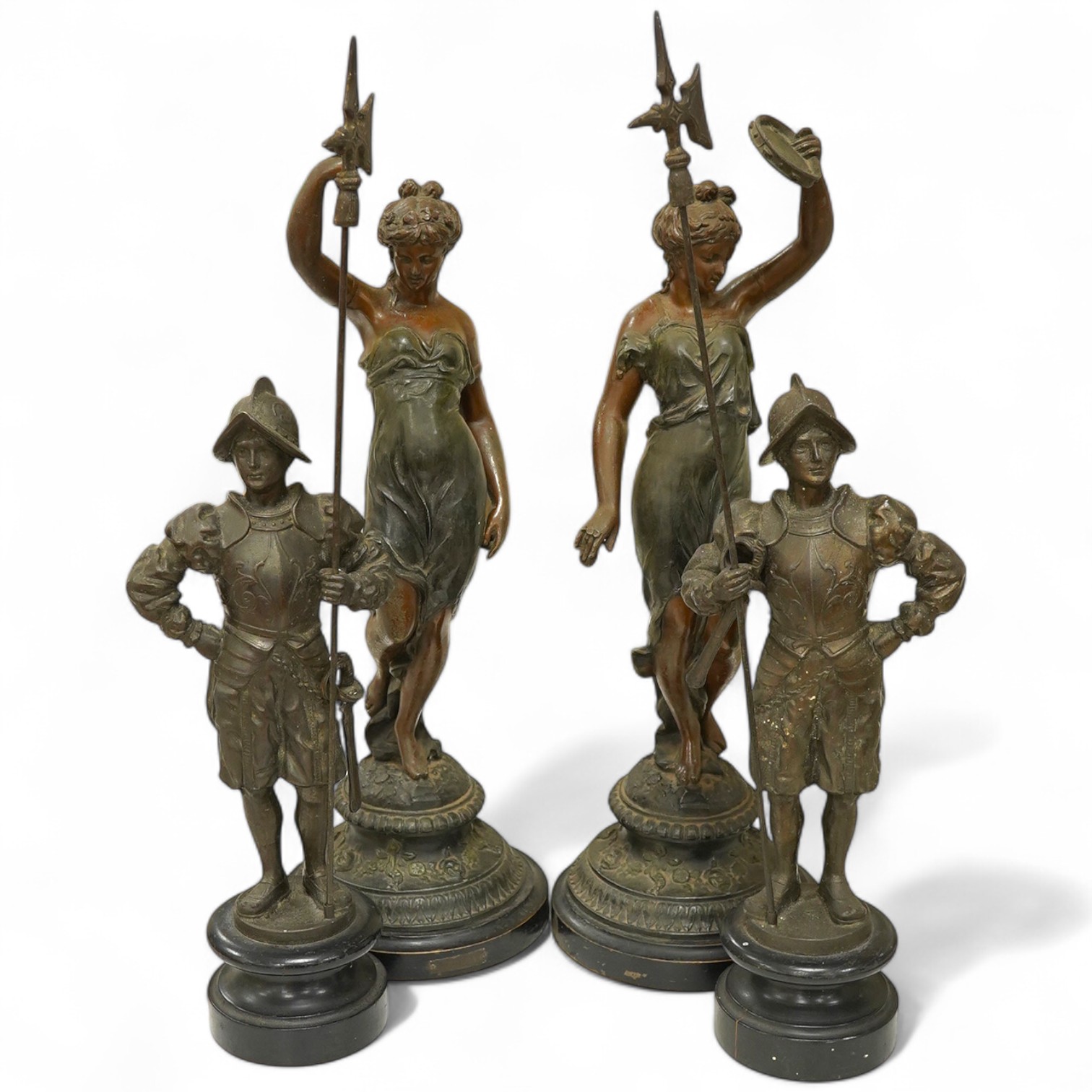 Two pairs of spelter figures, largest 53cm high. Condition - fair